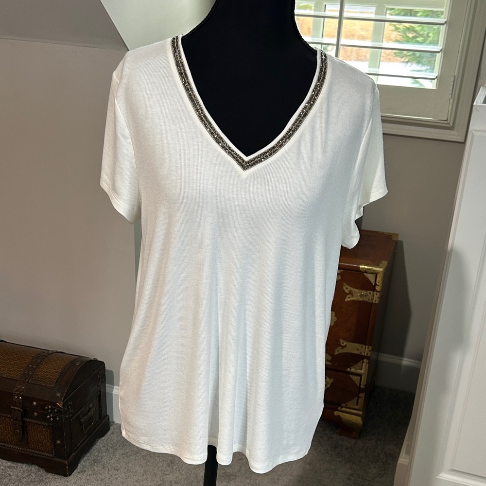 Jennifer Lopez White V-Neck Top with Embellished Neckline